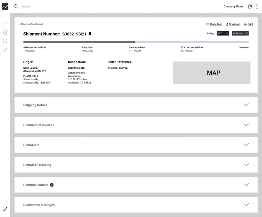 Low-fidelity wireframe of the shipment detail page: a milestone bar, origin, destination and order reference beside a map, then collapsible sections