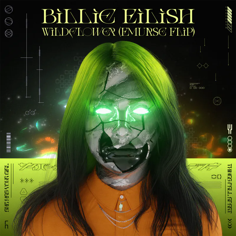 Billie Eilish "Wildflower" flip cover: a cracked chrome face with glowing green eyes