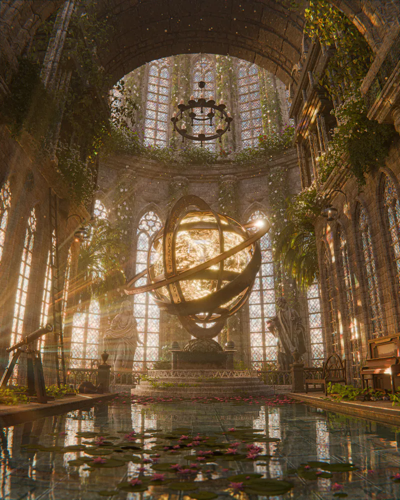 Sunlit cathedral atrium with a gold armillary sphere above a reflecting pool