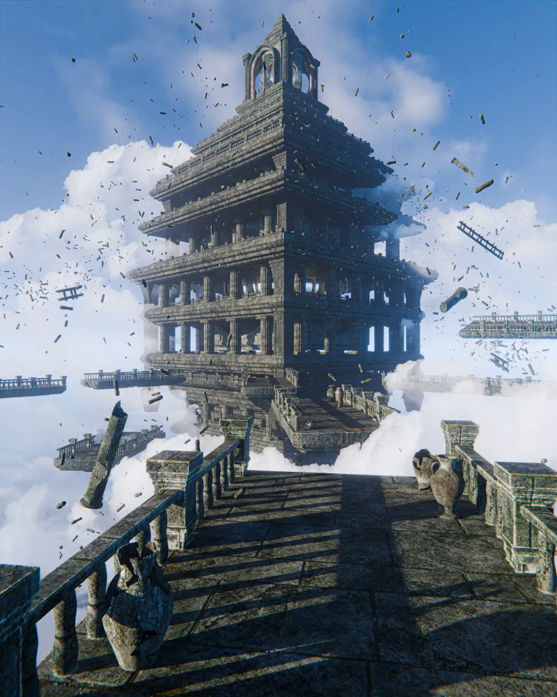 Weathered stone temple tower floating among clouds, reached by a crumbling stairway