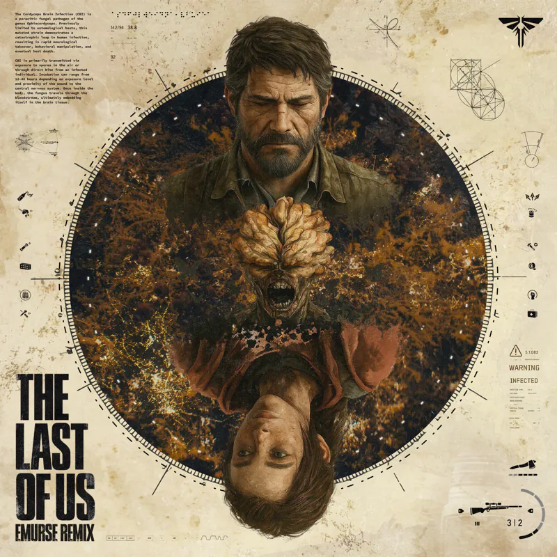 "The Last of Us" remix cover: Joel's portrait above an upside-down Ellie in an engraved circle