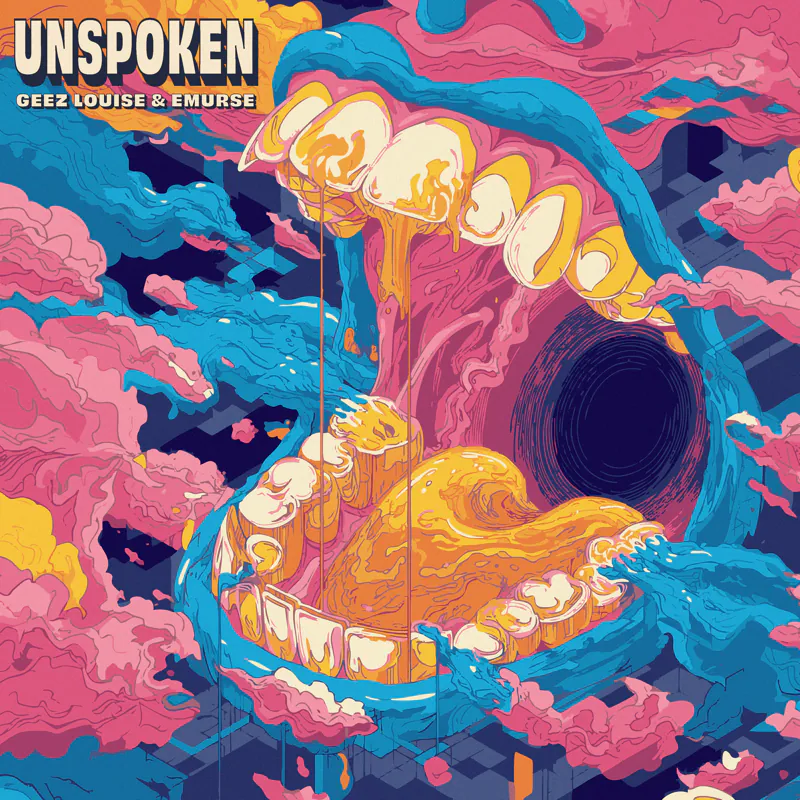 "Unspoken" cover: a vivid illustrated mouth pouring paint into a black hole