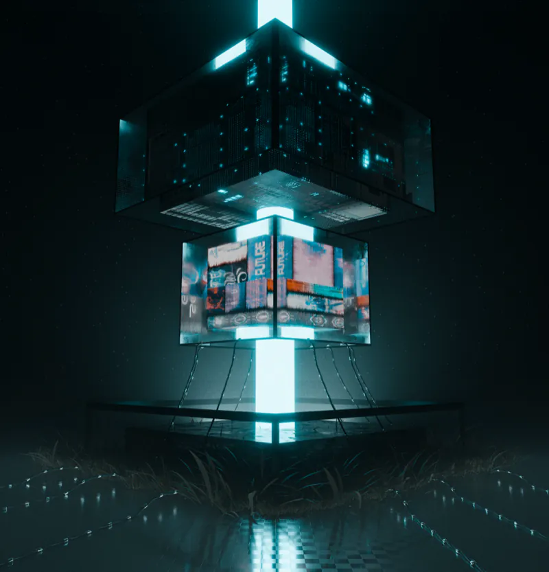 Neon-lit tech cube glowing in a dark space