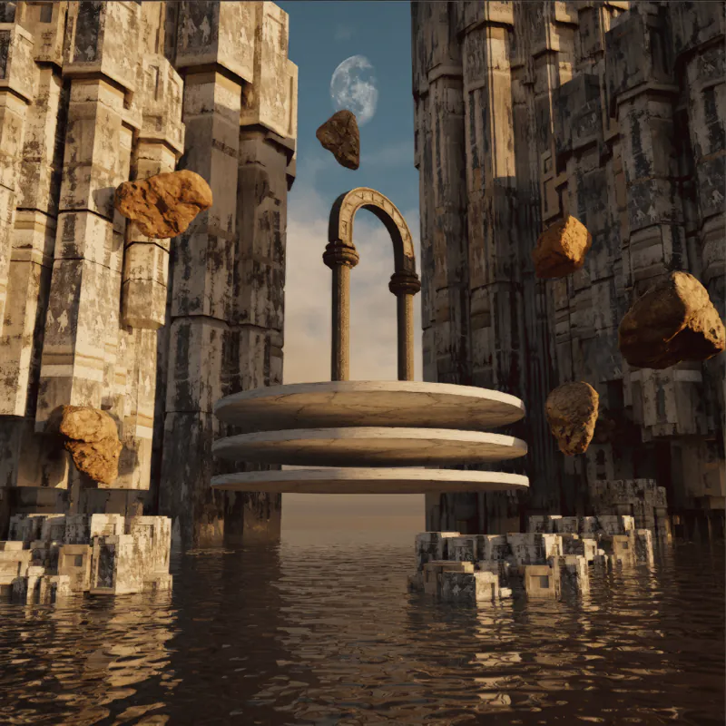 Ancient stone ruins with floating rocks above still water