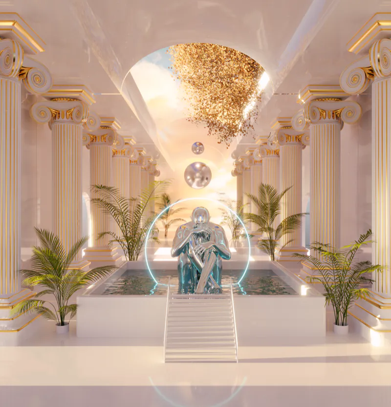 Marble colonnade hall with a gilded ceiling and a seated statue