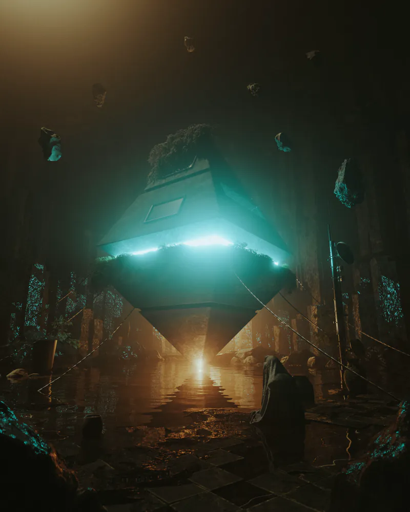Teal-lit pyramid suspended in a dark ruined temple