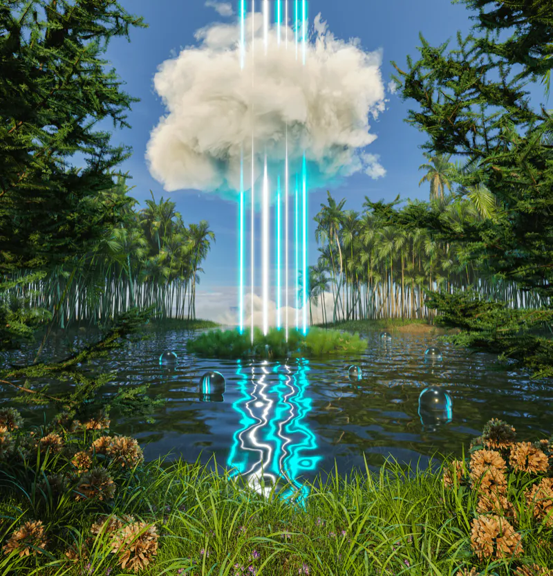 Beam of light falling from a cloud into a tropical lagoon