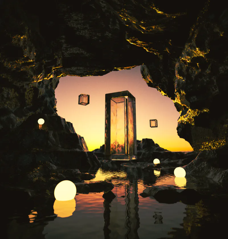Glowing doorway inside a cave opening onto a sunset