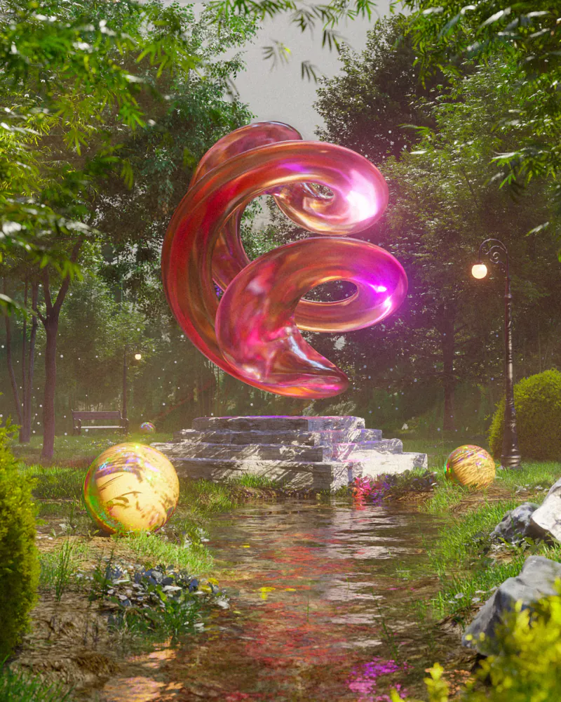 Glossy red ribbon sculpture glowing above a forest stream