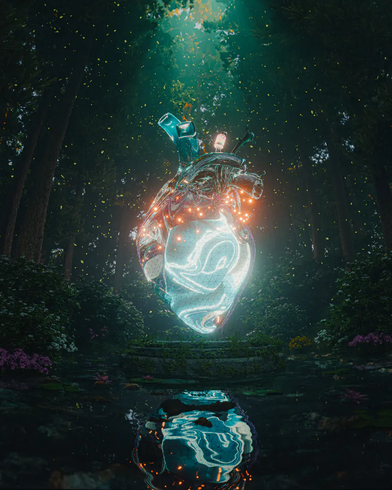 Glowing glass heart hovering over a pool in a misty, firefly-lit forest