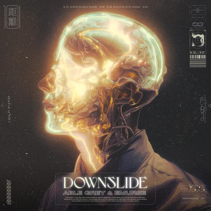 "Downslide" cover: a glowing, translucent human head in profile on black