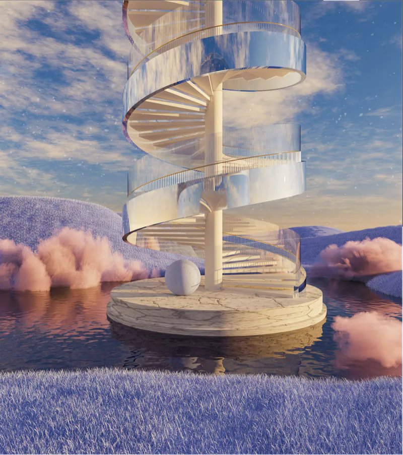 Spiral staircase rising out of the clouds