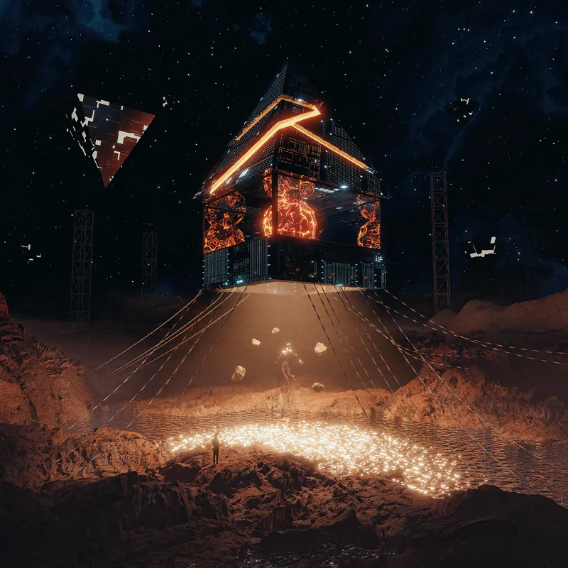 Glowing wooden cabin at night with floating shapes
