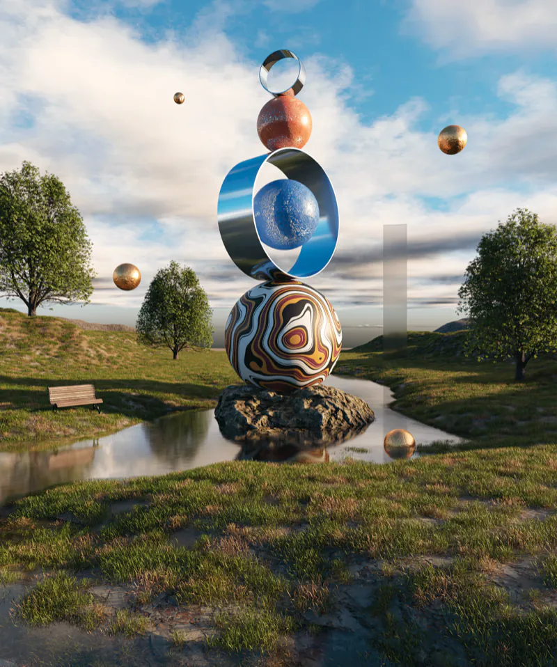 Stacked chrome spheres balanced beside a pond