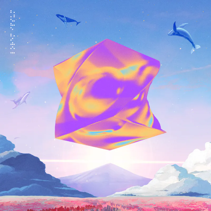 Iridescent folded cube floating above snowy peaks