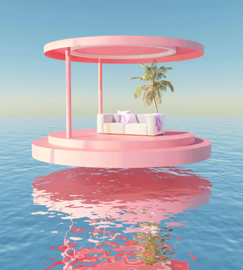 Pink circular pavilion standing on a calm ocean
