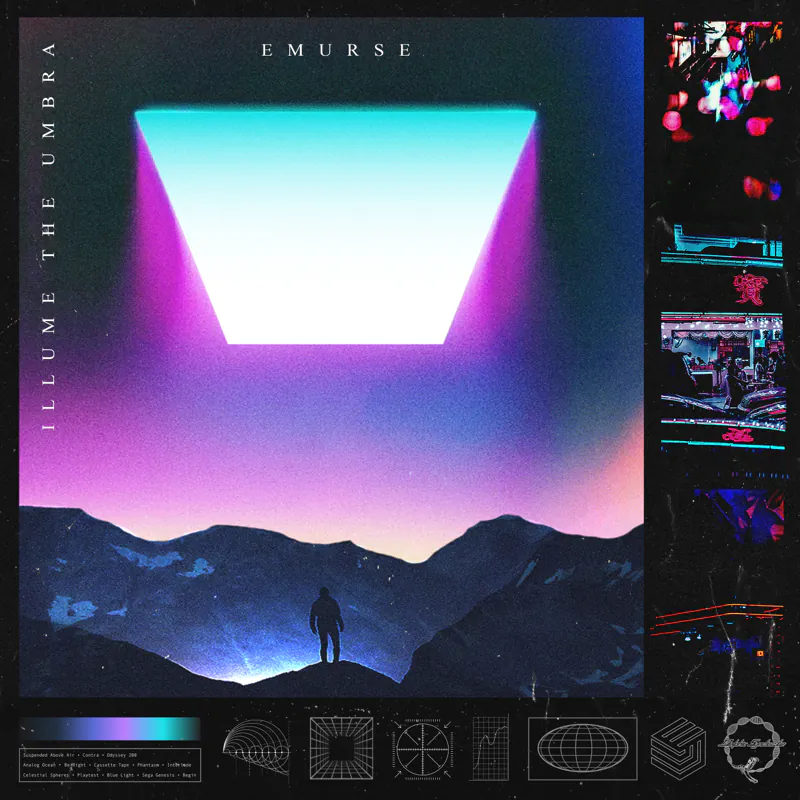 Emurse "Illume the Umbra" cover: a neon light portal over mountains