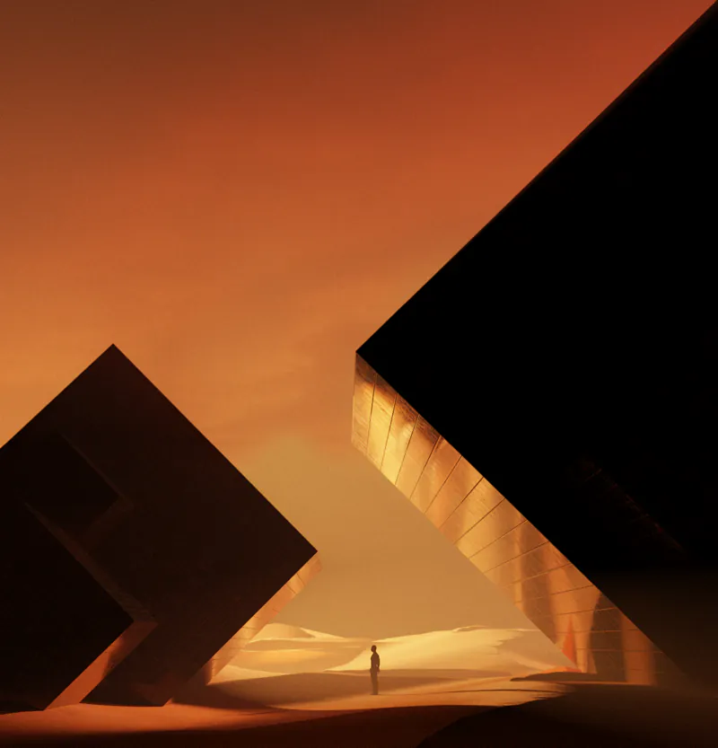 Brutalist wedge structures in an orange desert