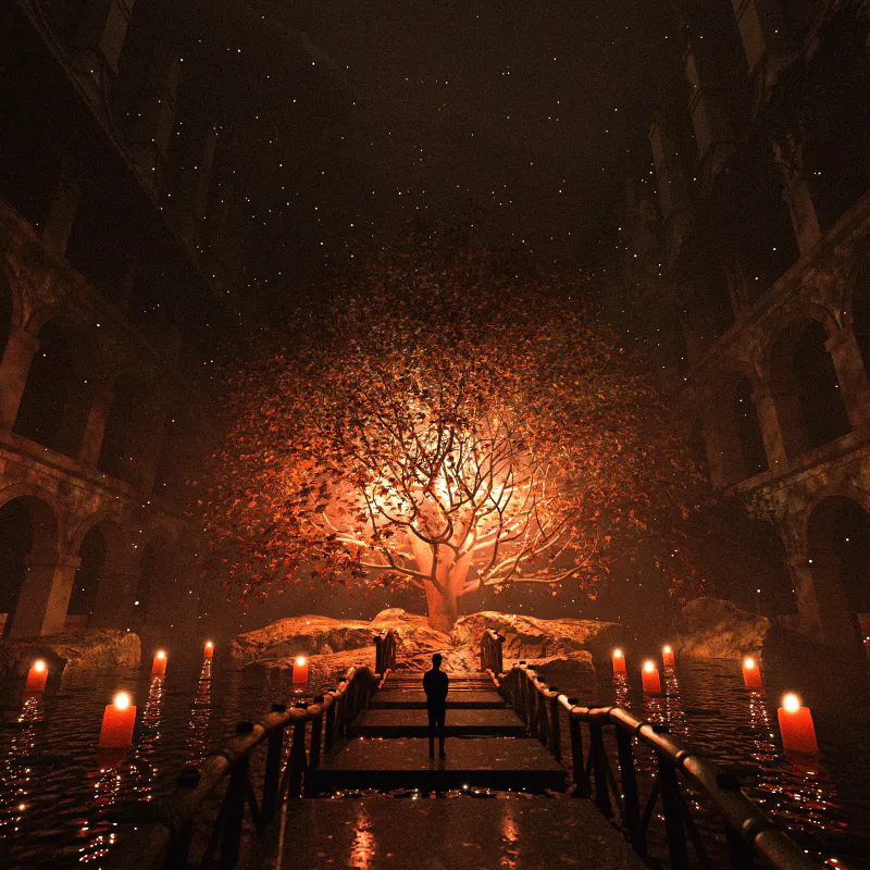 Glowing red tree in a candlelit cavern