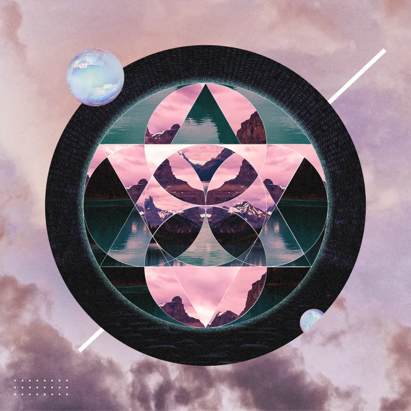 Geometric mirrored-mountain emblem inside a black ring