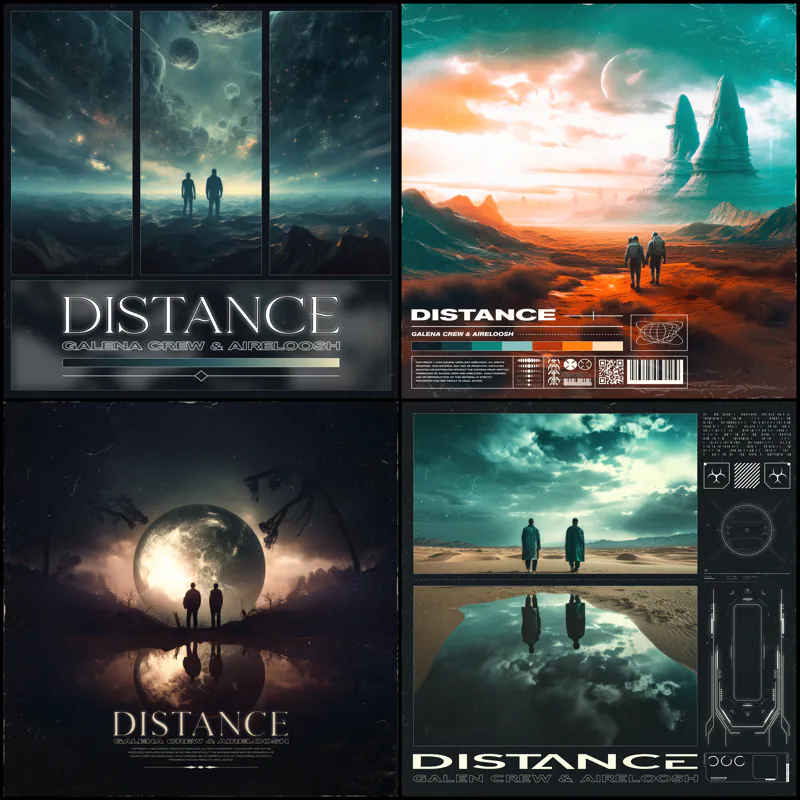 "Distance" poster series: teal-toned alien worlds