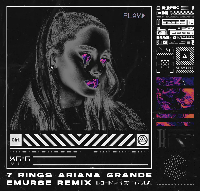 "7 Rings" remix cover: monochrome portrait with neon accents
