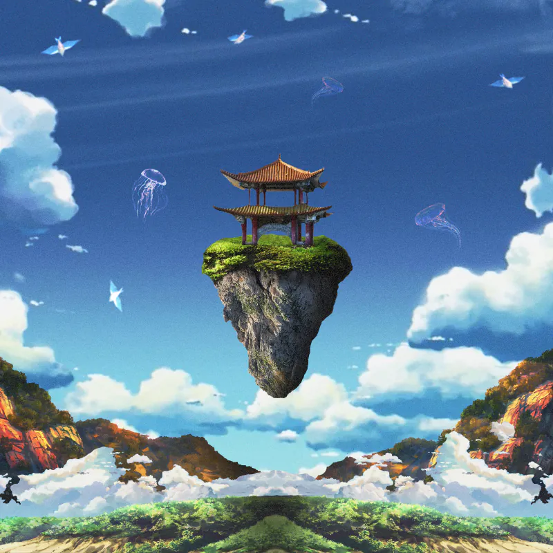 Floating island with a pagoda among the clouds