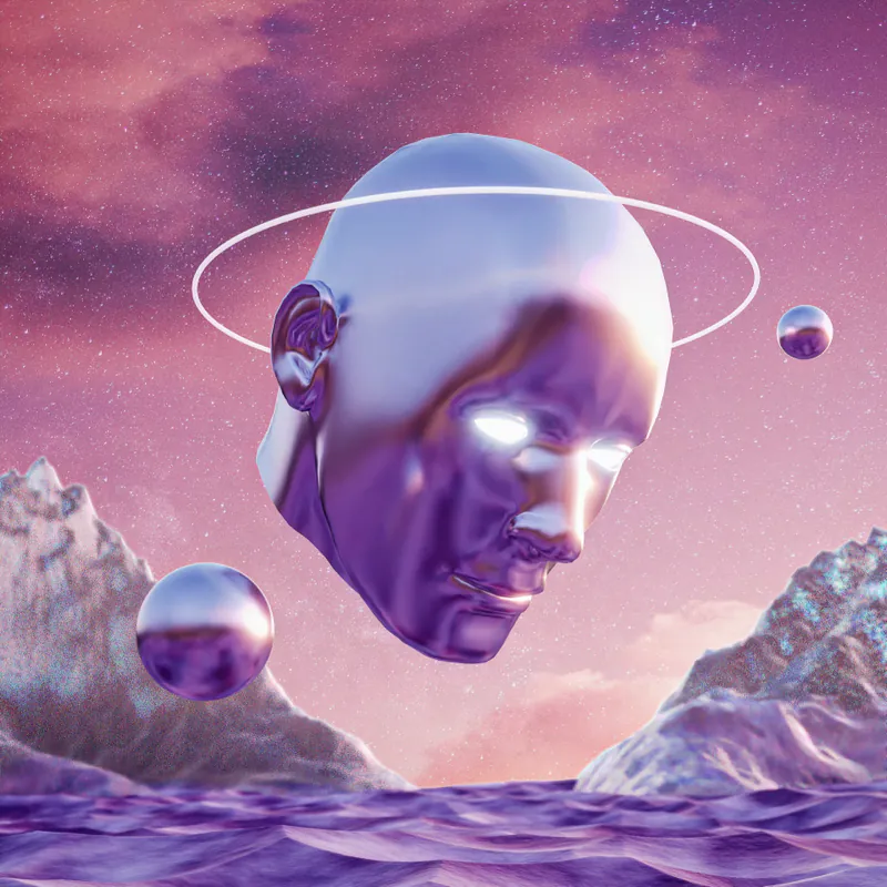 Chrome head with a ring orbit above a violet ocean