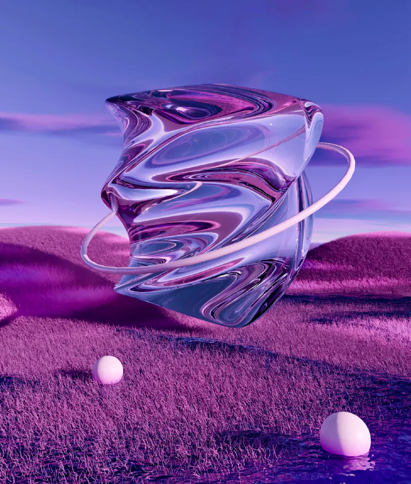 Iridescent glass ribbon sculpture floating over a lavender meadow