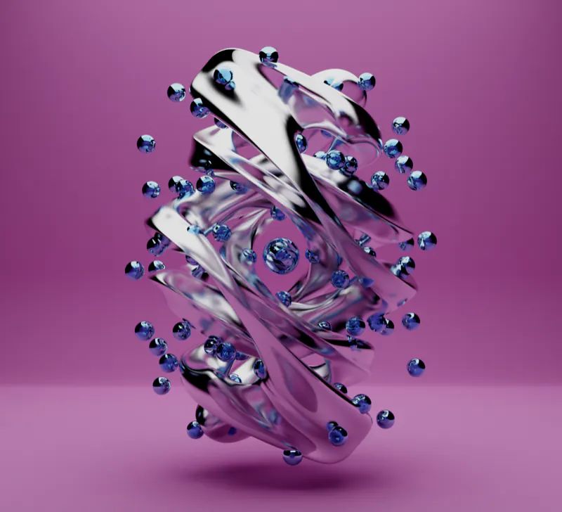 Twisted chrome form studded with spheres on magenta