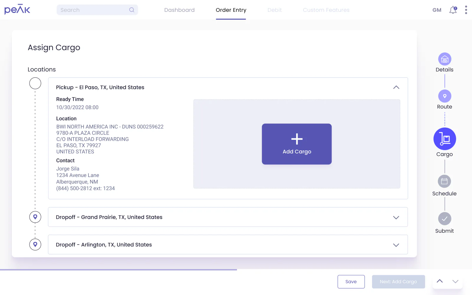 Assign Cargo step: a pickup with an Add Cargo tile