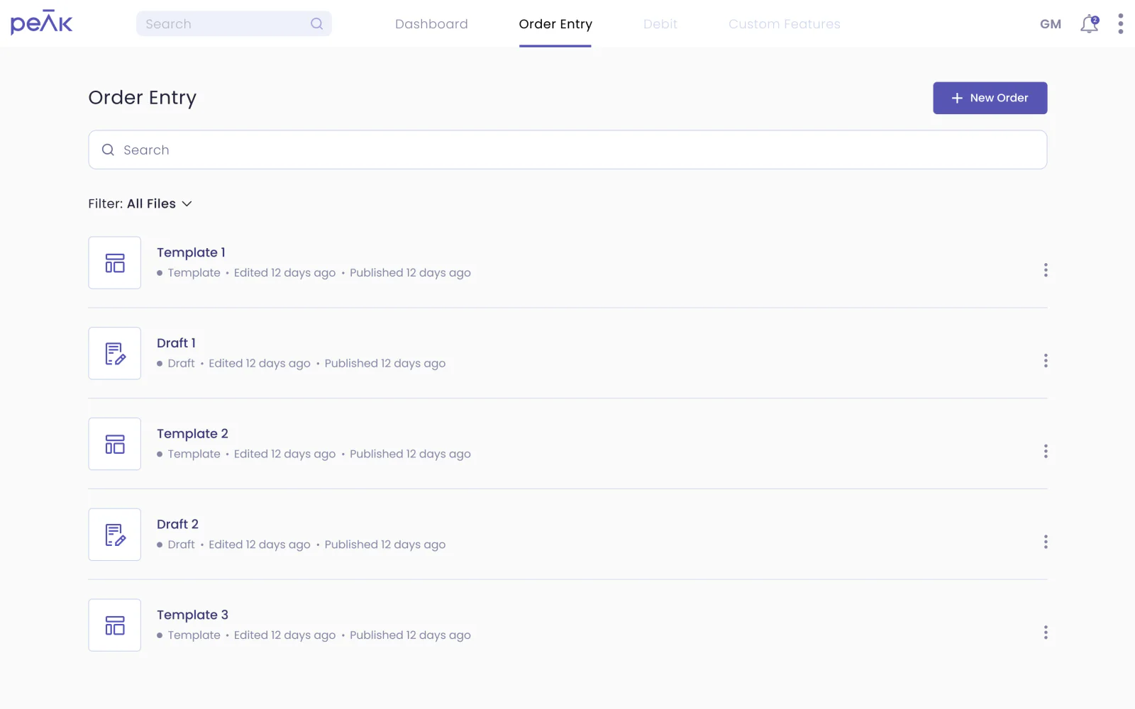 Order Entry homepage: all templates and drafts with a filter and search
