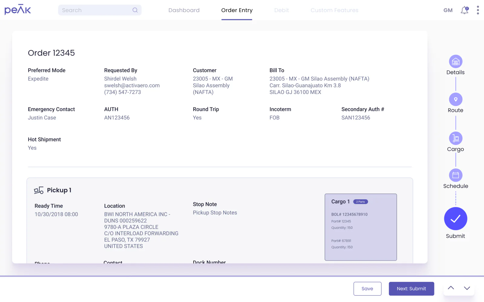 Review step: the order summary with its pickup and cargo