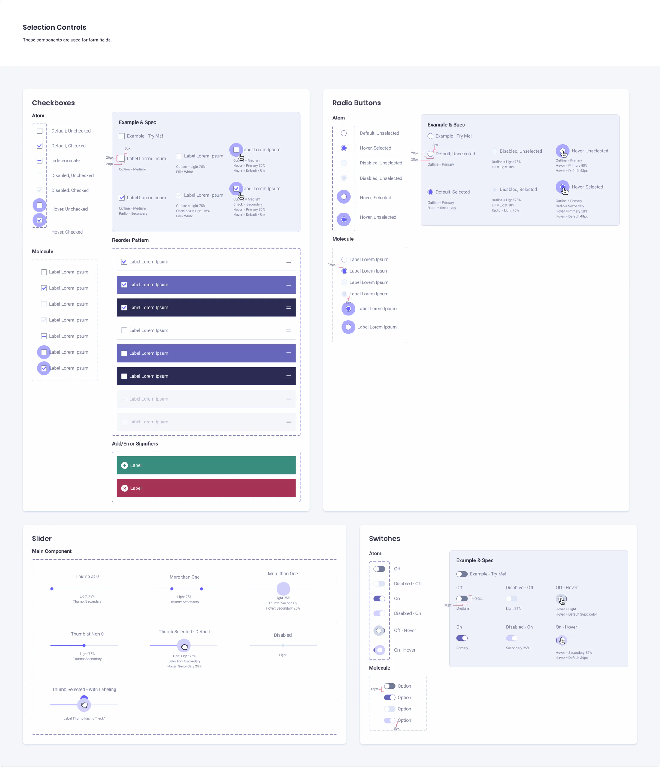 Selection controls board: checkboxes with a reorder pattern, radio buttons, sliders and switches, each with every state and its spacing spec