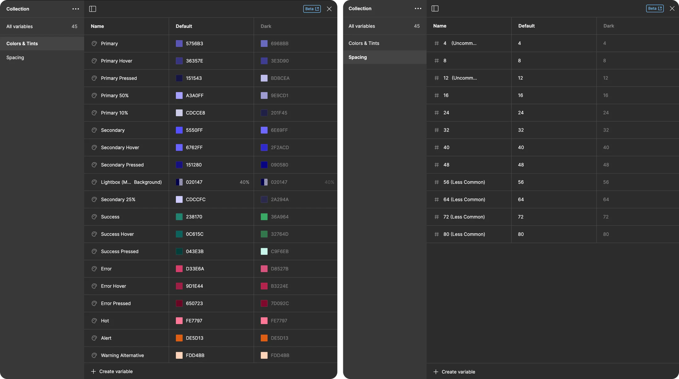 Figma variables panels: the Colors and Tints collection with default and dark values, and the Spacing collection from 4 to 80